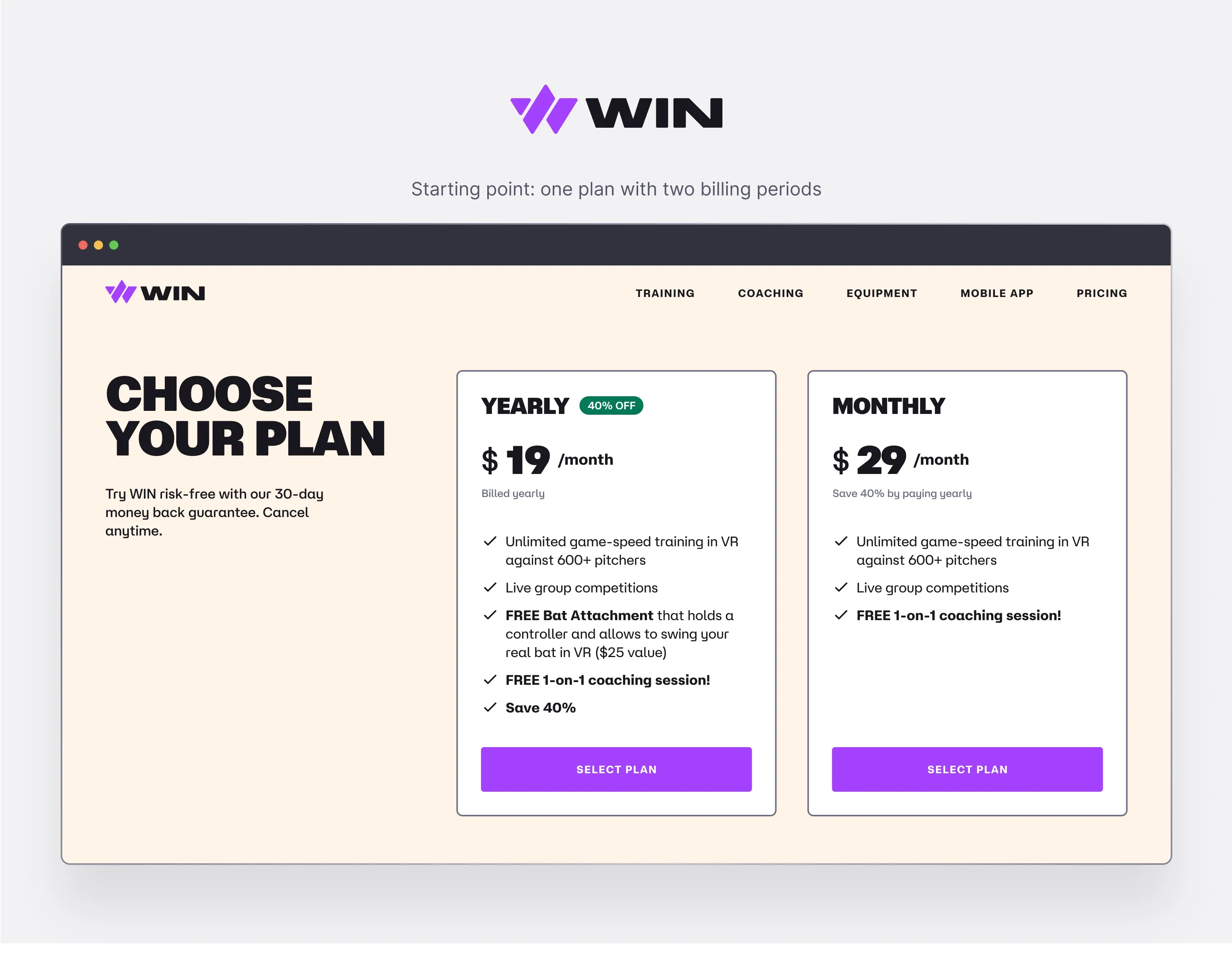 Starting point — one plan with two billing periods, Yearly and Monthly side by side