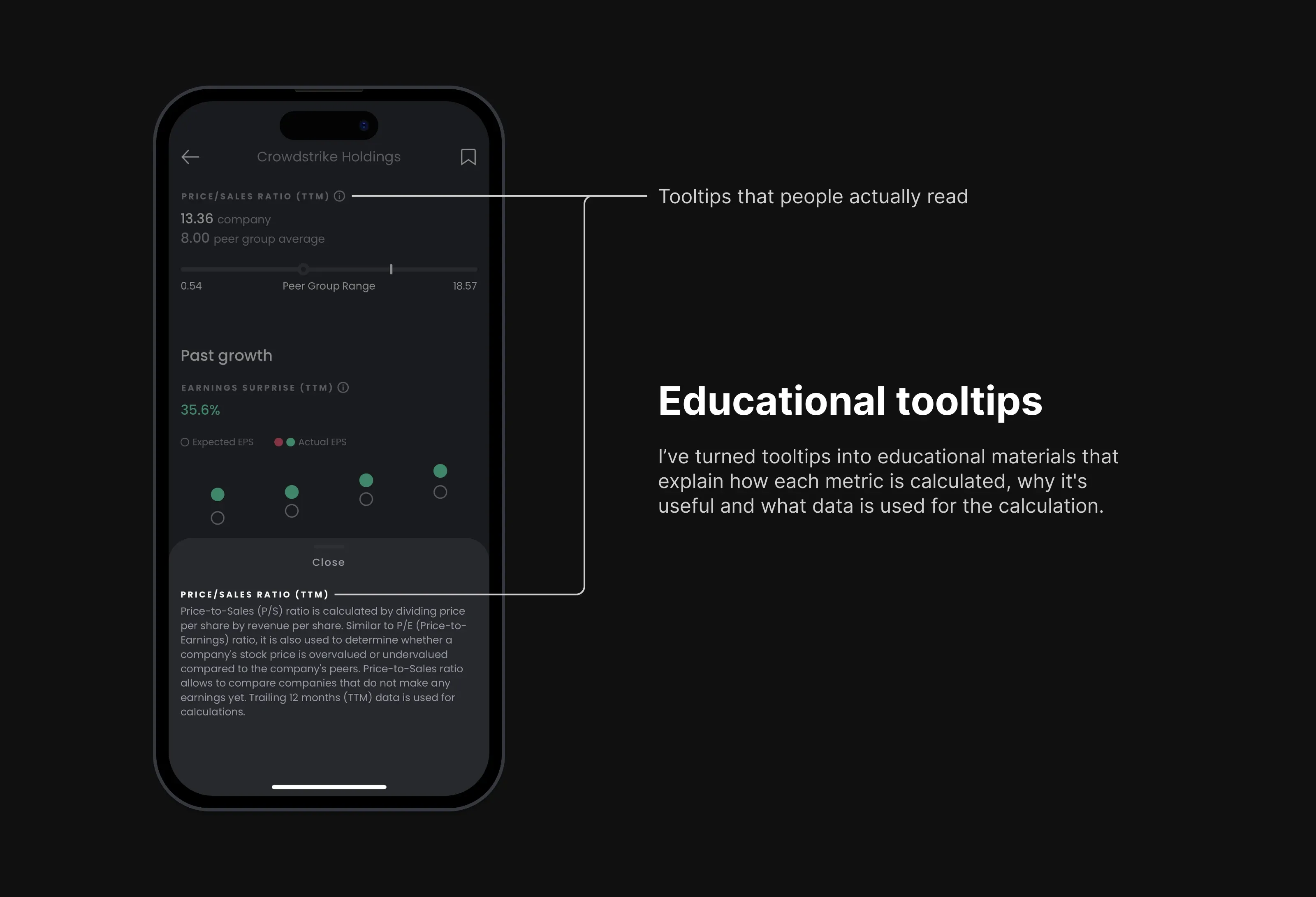 Educational tooltips that explain how each metric is calculated